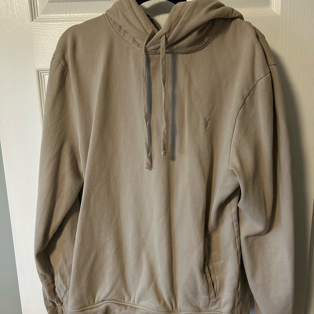 All Saints Neutral Tan Pullover Hoodie with Subtle Logo